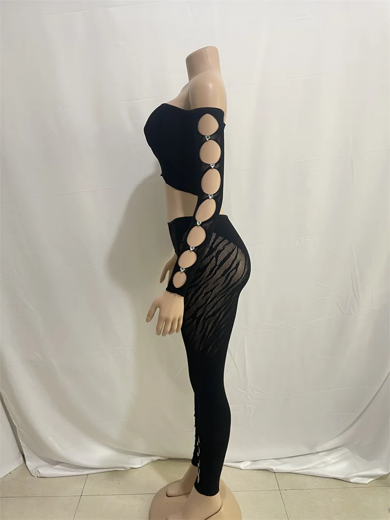 Женски секси съкратен топ с открити рамене и дълъг ръкав, Панталон-молив с висока талия, клубна дрехи, костюми за партита с диаманти, выдалбливают Комплект от две части
