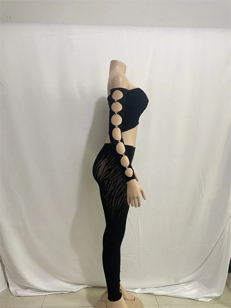 Женски секси съкратен топ с открити рамене и дълъг ръкав, Панталон-молив с висока талия, клубна дрехи, костюми за партита с диаманти, выдалбливают Комплект от две части