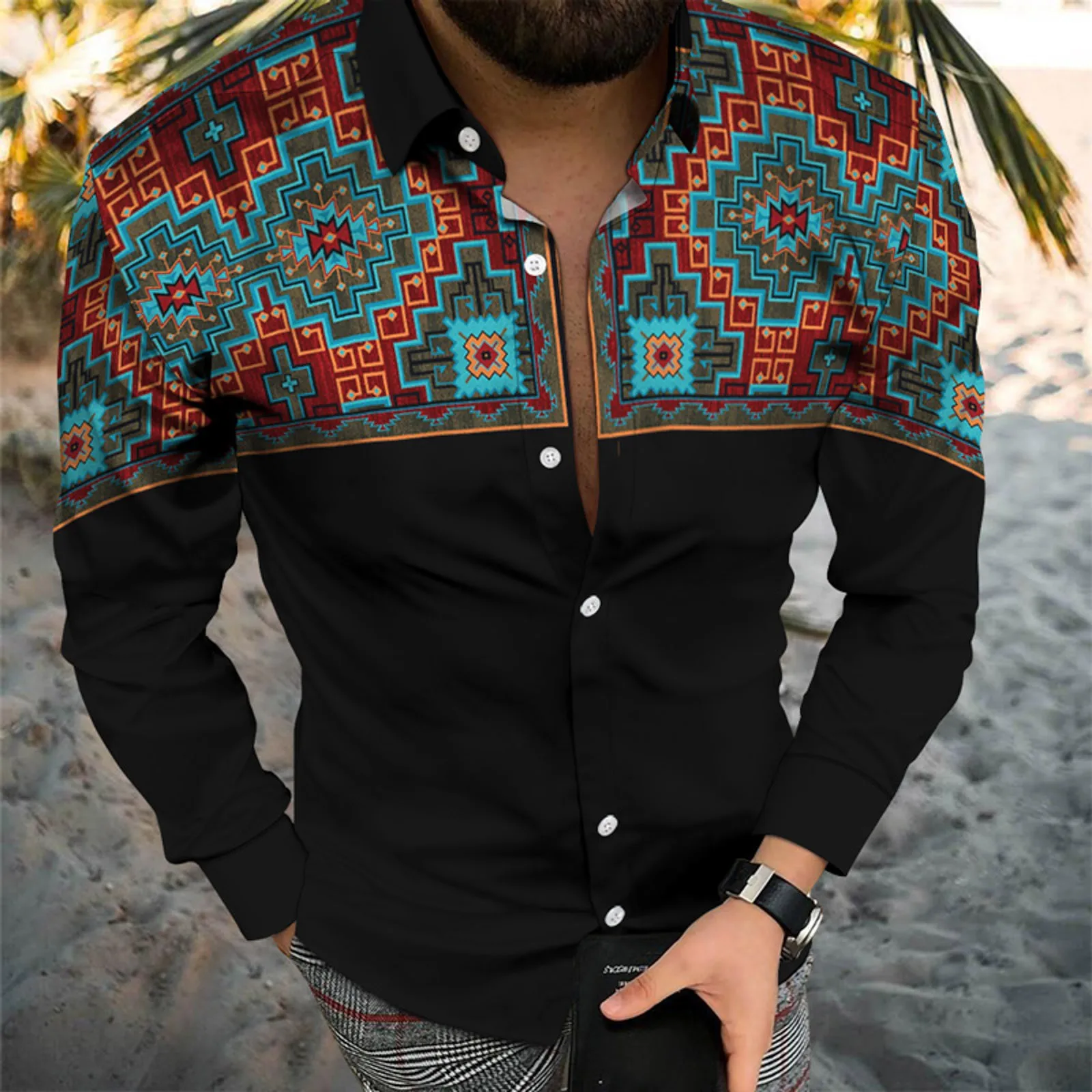 Западните етнически реколта ризи за мъже с 3D дигитален печат, джоб, обтегач, на Ревера, риза с дълъг ръкав, Дишаща градинска облекло Camisas