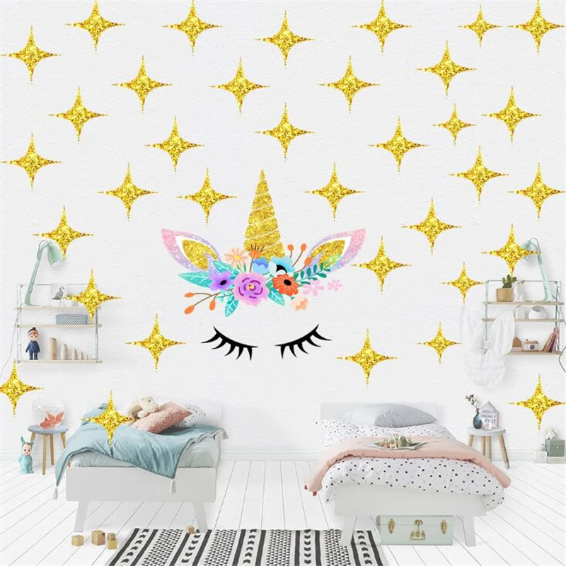 Карикатура Прекрасен Златен точков еднорог стикер на стената дневна спалня стенно украшение на стикери за стена за детски стаи
