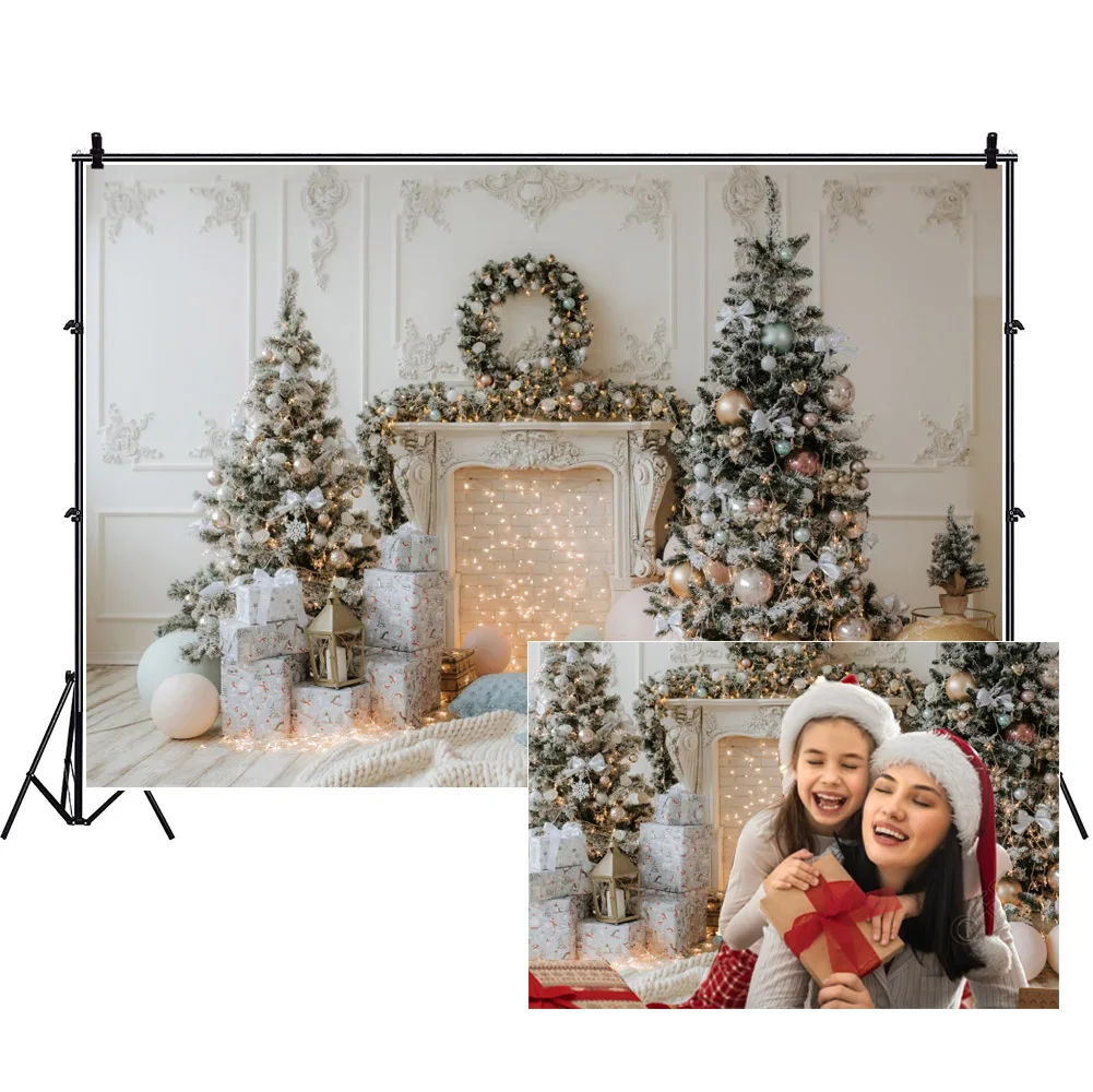 Коледен фотофон Коледно Дърво, Подаръци Червена Арка Врата, Прозорец, Детски Портрети Фон за снимки на закрито за фото студио