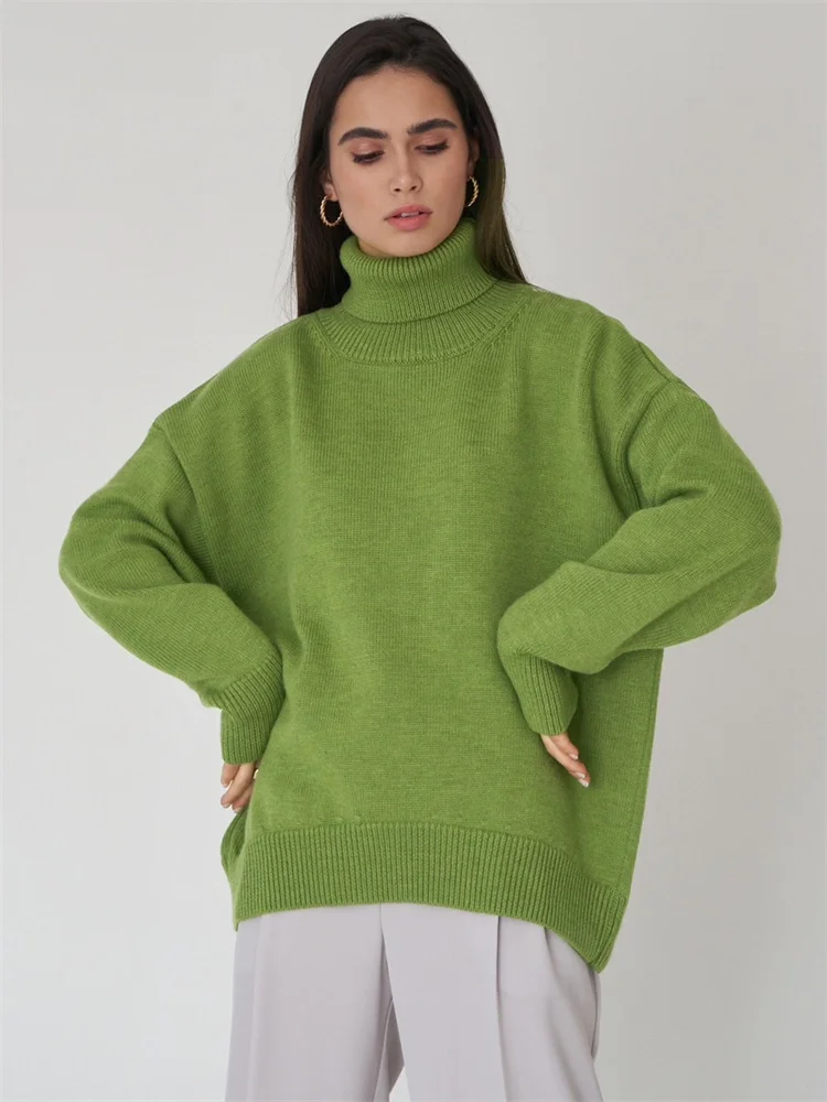 Модерен Нова Есенно-зимния Женски пуловер 2023, монофонични случайни пуловер с висока воротом, Без Вязаный Черен пуловер, пуловер за жени