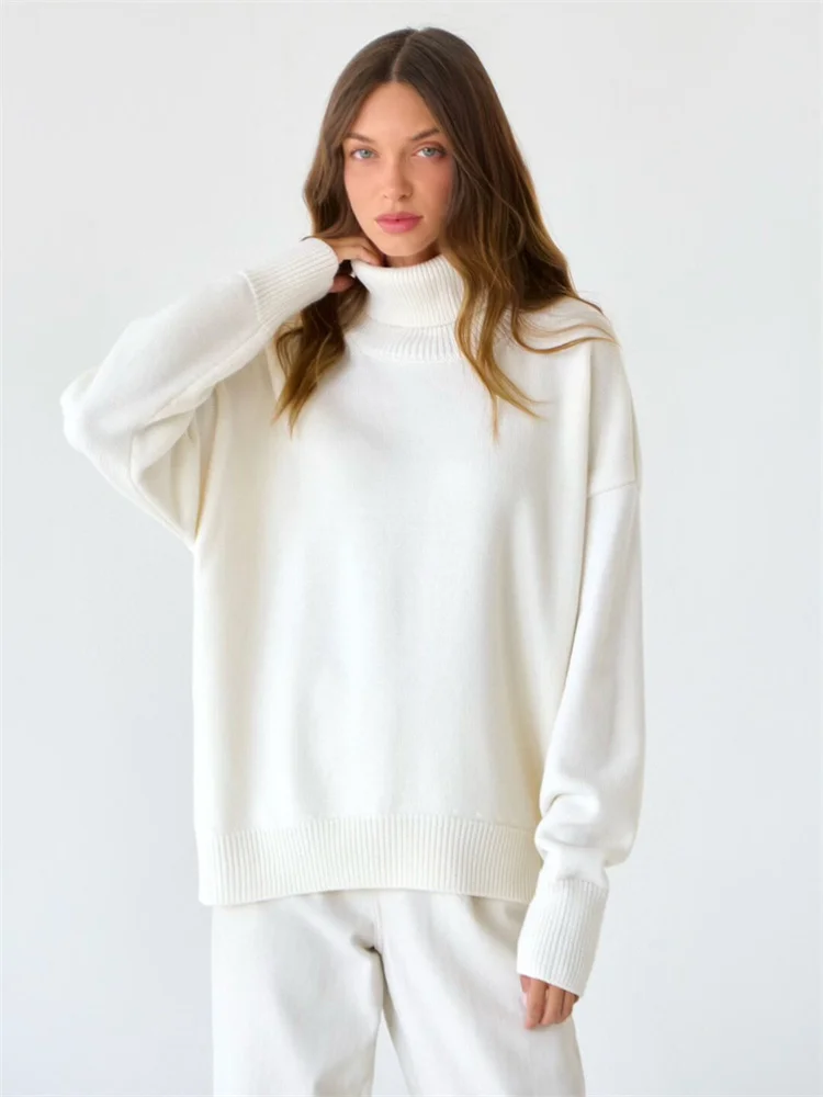 Модерен Нова Есенно-зимния Женски пуловер 2023, монофонични случайни пуловер с висока воротом, Без Вязаный Черен пуловер, пуловер за жени