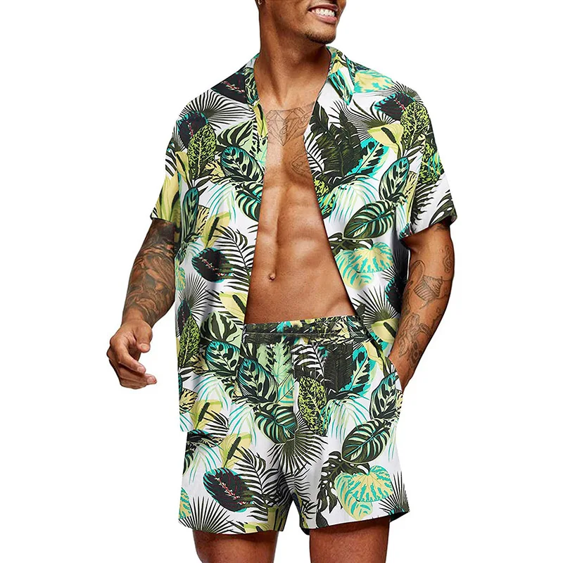 Нова Тенденция Мъжки Хавайски Комплекти, Лятна Риза с къс ръкав и Копчета, с Флорални Принтом, Плажни Шорти, Комплект от две части, Случайни Мъжки Костюм от 2 теми